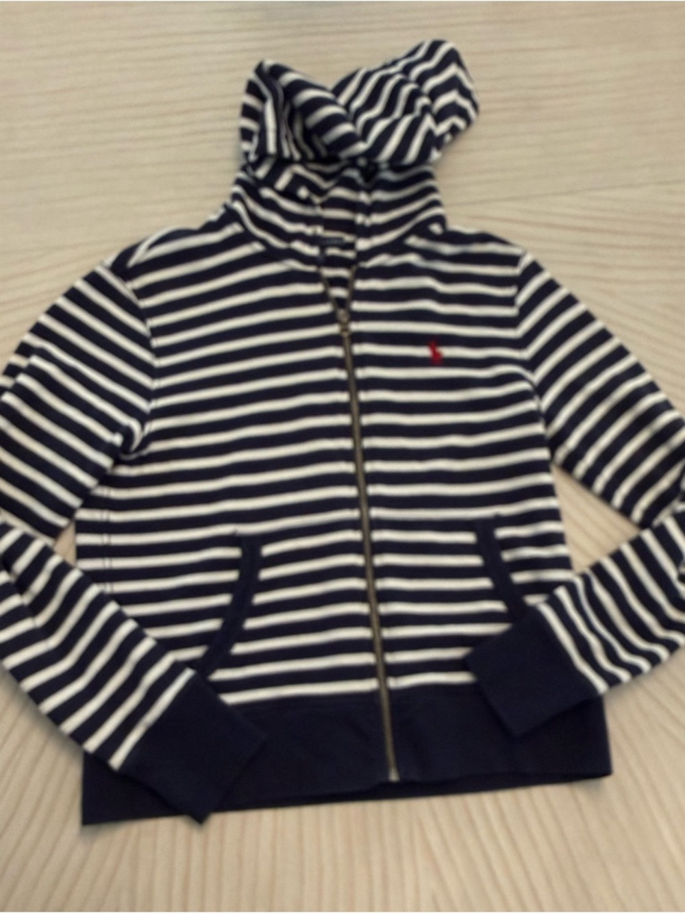 Ralph Lauren Navy and White Striped Zip-Up Hoodie with Red Pony - Picture 7 of 8